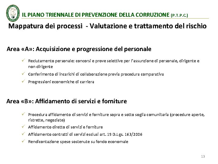 IL PIANO TRIENNALE DI PREVENZIONE DELLA CORRUZIONE (P. T. P. C. ) Mappatura dei