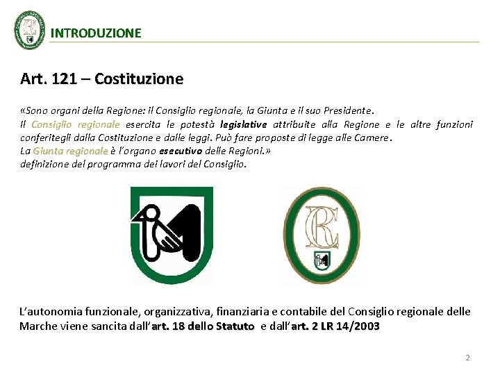 INTRODUZIONE Art. 121 – Costituzione «Sono organi della Regione: il Consiglio regionale, la Giunta