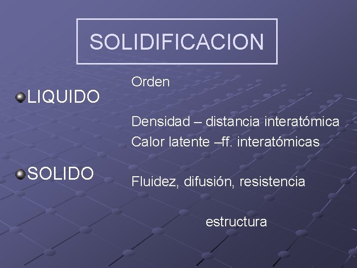 SOLIDIFICACION LIQUIDO Orden Densidad – distancia interatómica Calor latente –ff. interatómicas SOLIDO Fluidez, difusión,