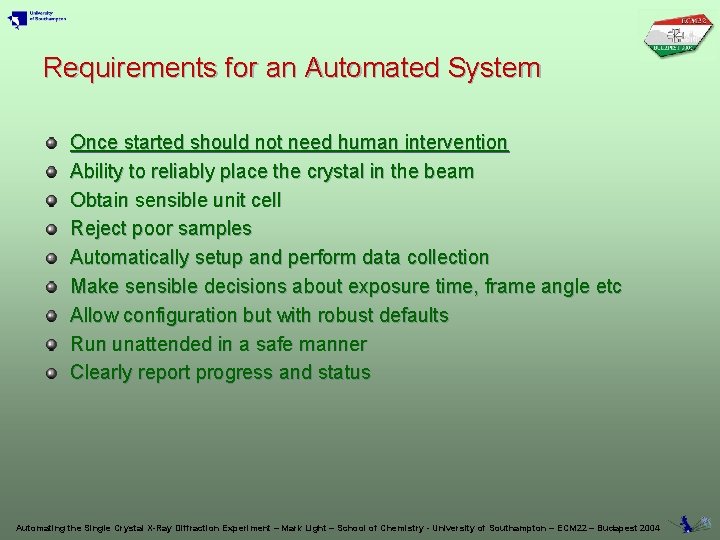Requirements for an Automated System Once started should not need human intervention Ability to