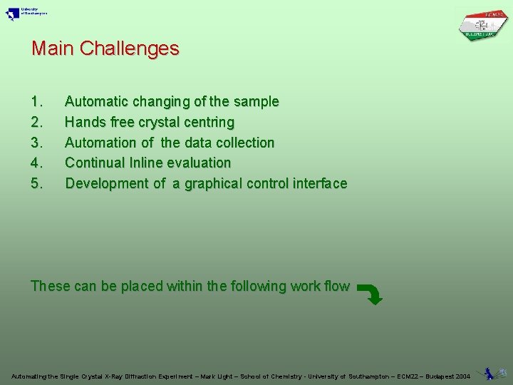 Main Challenges 1. 2. 3. 4. 5. Automatic changing of the sample Hands free