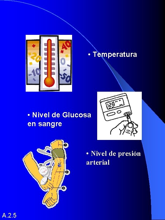  • Temperatura • Nivel de Glucosa en sangre • Nivel de presión arterial