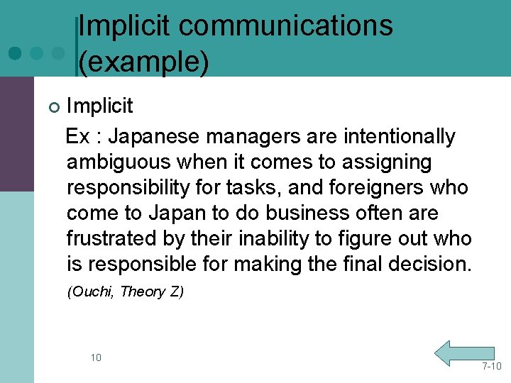 Implicit communications (example) ¢ Implicit Ex : Japanese managers are intentionally ambiguous when it Implicit communications (example) ¢ Implicit Ex : Japanese managers are intentionally ambiguous when it