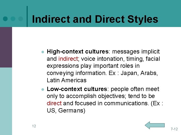 Indirect and Direct Styles l l 12 High-context cultures: messages implicit and indirect; voice Indirect and Direct Styles l l 12 High-context cultures: messages implicit and indirect; voice