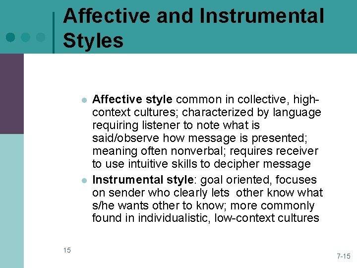 Affective and Instrumental Styles l l 15 Affective style common in collective, highcontext cultures; Affective and Instrumental Styles l l 15 Affective style common in collective, highcontext cultures;