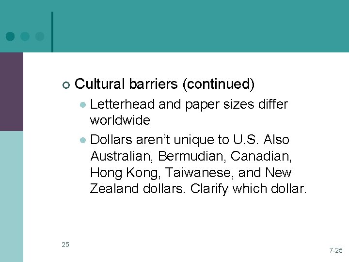 ¢ Cultural barriers (continued) Letterhead and paper sizes differ worldwide l Dollars aren’t unique ¢ Cultural barriers (continued) Letterhead and paper sizes differ worldwide l Dollars aren’t unique
