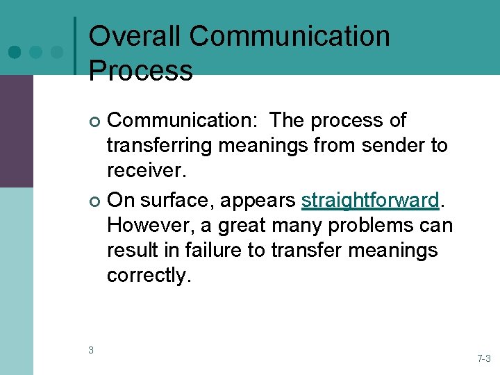 Overall Communication Process Communication: The process of transferring meanings from sender to receiver. ¢ Overall Communication Process Communication: The process of transferring meanings from sender to receiver. ¢