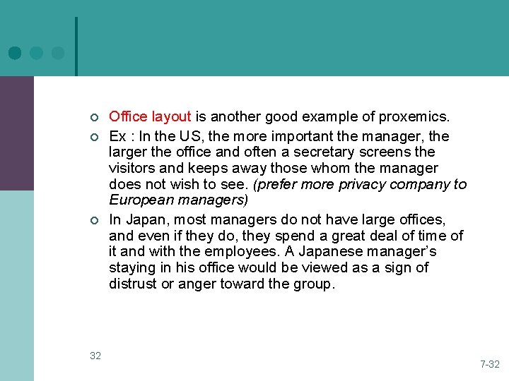 ¢ ¢ ¢ 32 Office layout is another good example of proxemics. Ex : ¢ ¢ ¢ 32 Office layout is another good example of proxemics. Ex :