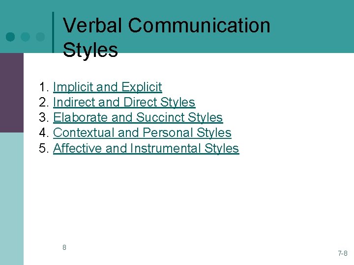 Verbal Communication Styles 1. Implicit and Explicit 2. Indirect and Direct Styles 3. Elaborate Verbal Communication Styles 1. Implicit and Explicit 2. Indirect and Direct Styles 3. Elaborate