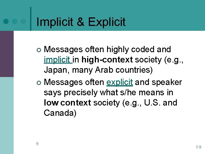 Implicit & Explicit Messages often highly coded and implicit in high-context society (e. g. Implicit & Explicit Messages often highly coded and implicit in high-context society (e. g.