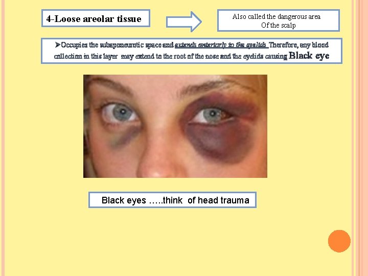 4 -Loose areolar tissue Also called the dangerous area Of the scalp ØOccupies the