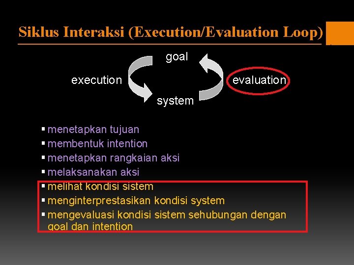 Siklus Interaksi (Execution/Evaluation Loop) goal execution evaluation system § menetapkan tujuan § membentuk intention Siklus Interaksi (Execution/Evaluation Loop) goal execution evaluation system § menetapkan tujuan § membentuk intention