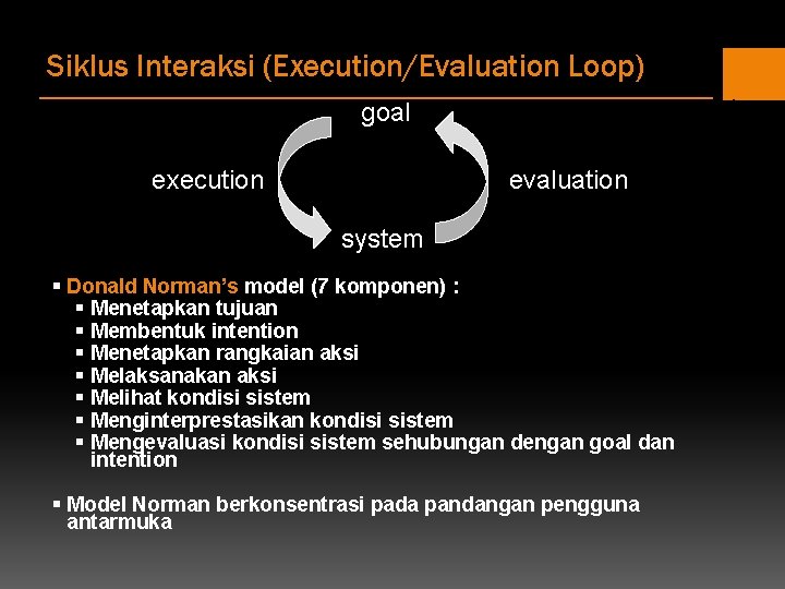 Siklus Interaksi (Execution/Evaluation Loop) goal execution evaluation system § Donald Norman’s model (7 komponen) Siklus Interaksi (Execution/Evaluation Loop) goal execution evaluation system § Donald Norman’s model (7 komponen)