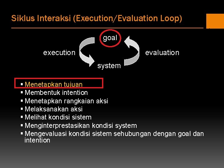 Siklus Interaksi (Execution/Evaluation Loop) goal execution evaluation system § Menetapkan tujuan § Membentuk intention Siklus Interaksi (Execution/Evaluation Loop) goal execution evaluation system § Menetapkan tujuan § Membentuk intention