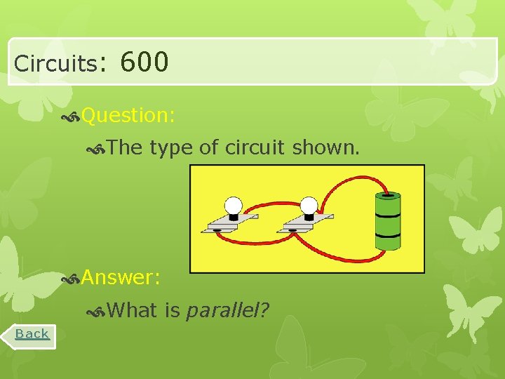 Circuits: 600 Question: The type of circuit shown. Answer: What is parallel? Back 