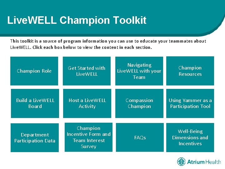 Live. WELL Champion Toolkit This toolkit is a source of program information you can
