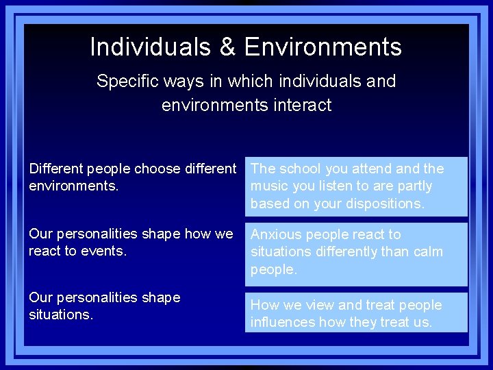 Individuals & Environments Specific ways in which individuals and environments interact Different people choose