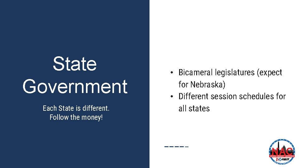 State Government Each State is different. Follow the money! • Bicameral legislatures (expect for