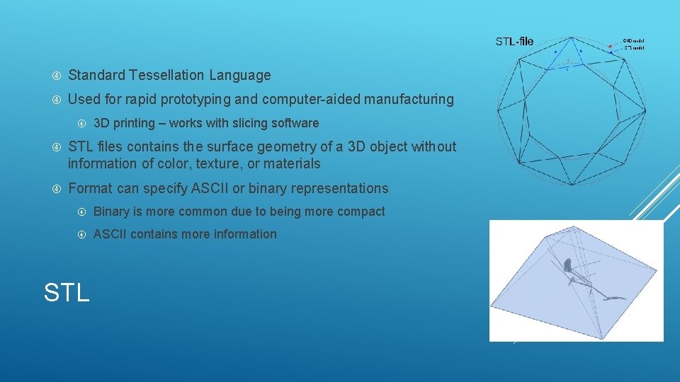  Standard Tessellation Language Used for rapid prototyping and computer-aided manufacturing 3 D printing