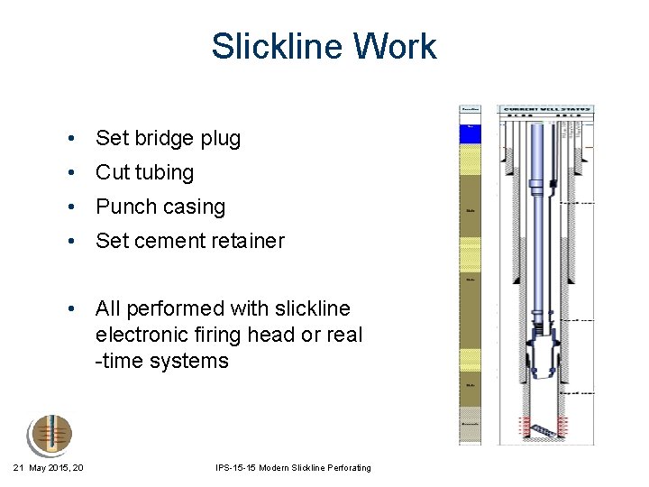 Slickline Work • Set bridge plug • Cut tubing • Punch casing • Set