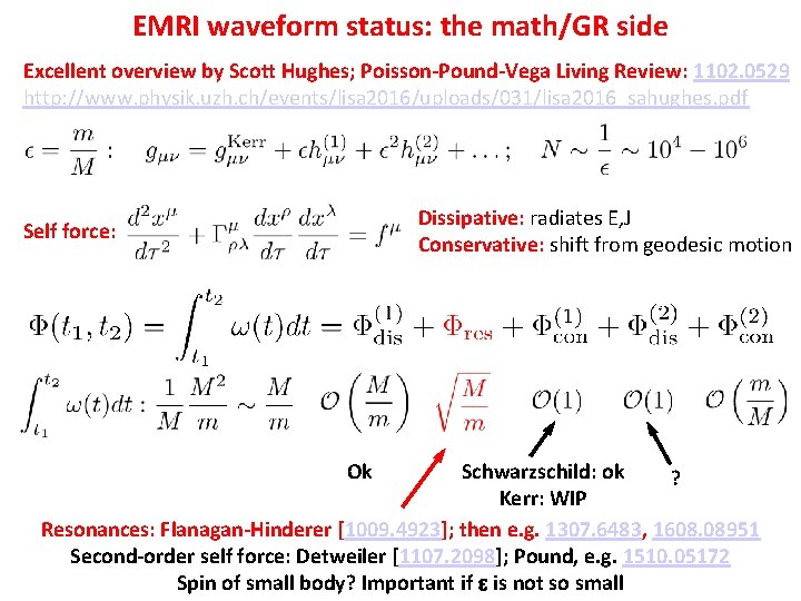 EMRI waveform status: the math/GR side Excellent overview by Scott Hughes; Poisson-Pound-Vega Living Review: