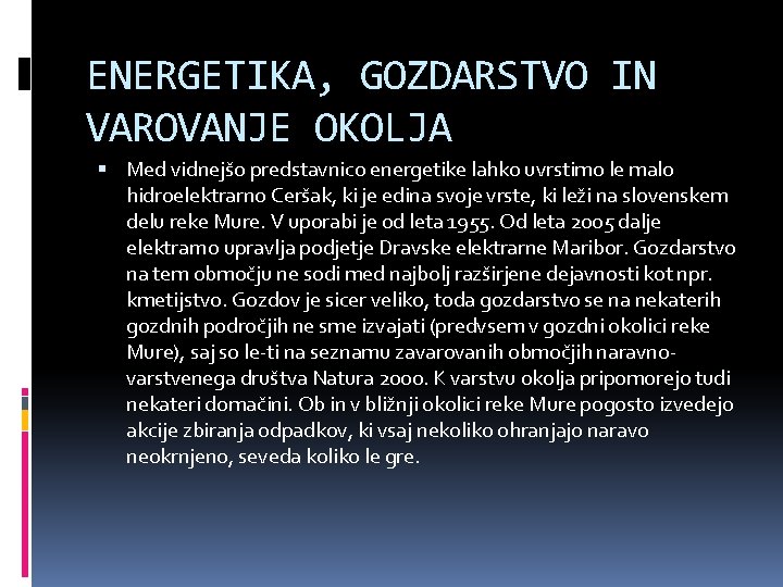 ENERGETIKA, GOZDARSTVO IN VAROVANJE OKOLJA Med vidnejšo predstavnico energetike lahko uvrstimo le malo hidroelektrarno