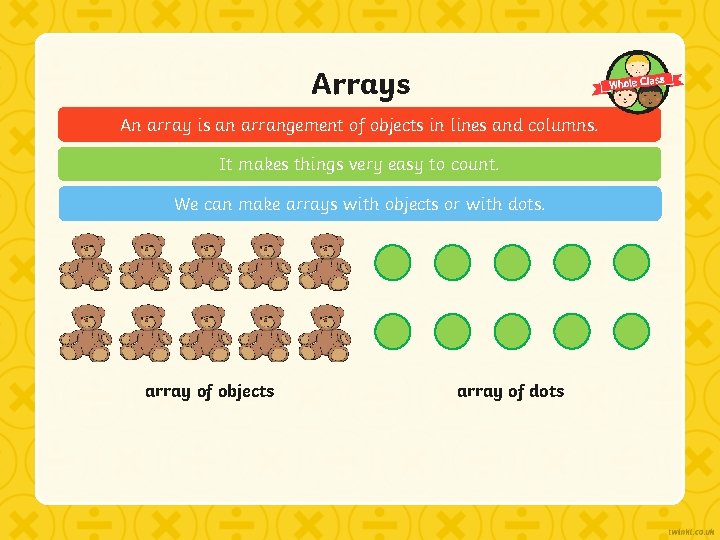 Arrays An array is an arrangement of objects in lines and columns. It makes