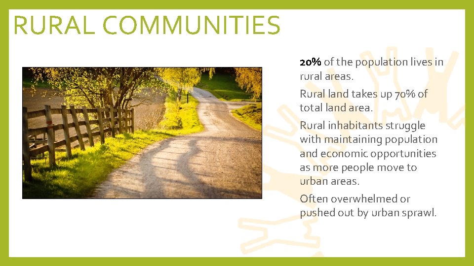 RURAL COMMUNITIES • 20% of the population lives in rural areas. • Rural land