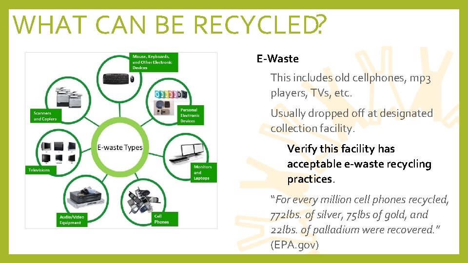 WHAT CAN BE RECYCLED? E-Waste • This includes old cellphones, mp 3 players, TVs,