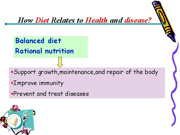 How Diet Relates to Health and disease? Balanced diet Rational nutrition §Support growth, maintenance,