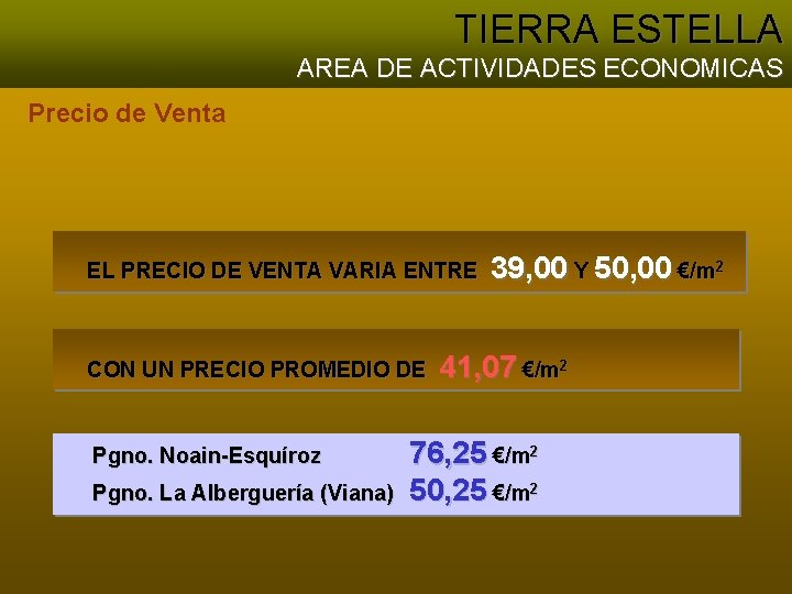 TIERRA ESTELLA AREA DE ACTIVIDADES ECONOMICAS Precio de Venta EL PRECIO DE VENTA VARIA