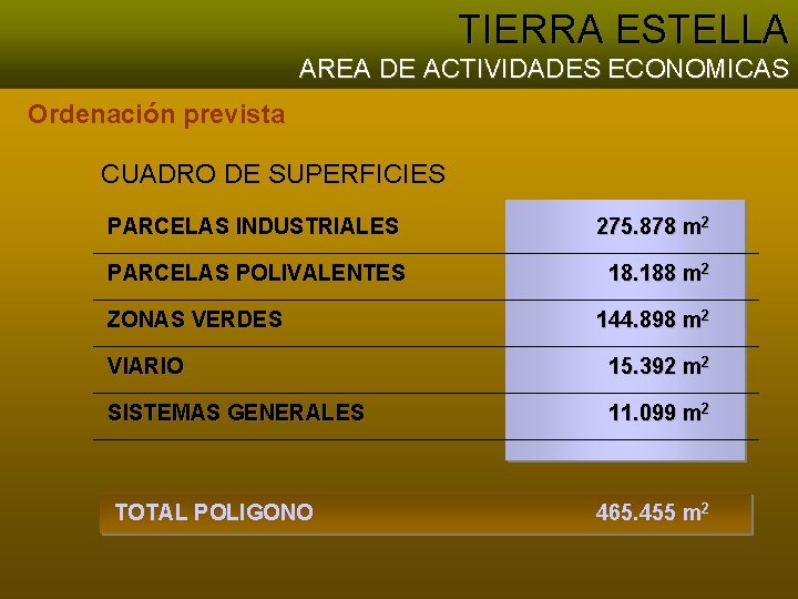 TIERRA ESTELLA AREA DE ACTIVIDADES ECONOMICAS Ordenación prevista CUADRO DE SUPERFICIES PARCELAS INDUSTRIALES 275.