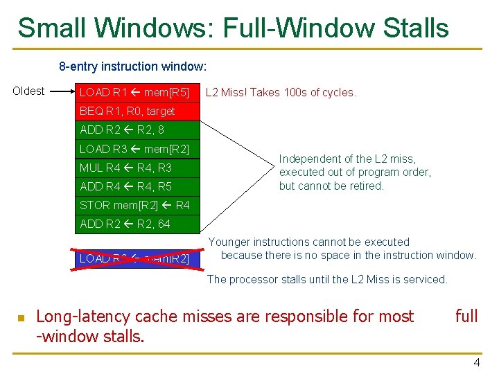 Small Windows: Full-Window Stalls 8 -entry instruction window: Oldest LOAD R 1 mem[R 5]