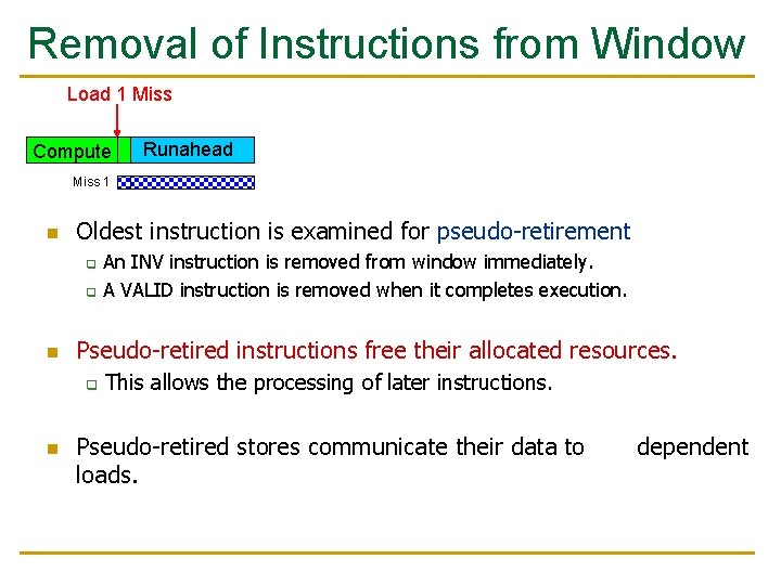 Removal of Instructions from Window Load 1 Miss Compute Runahead Miss 1 n Oldest