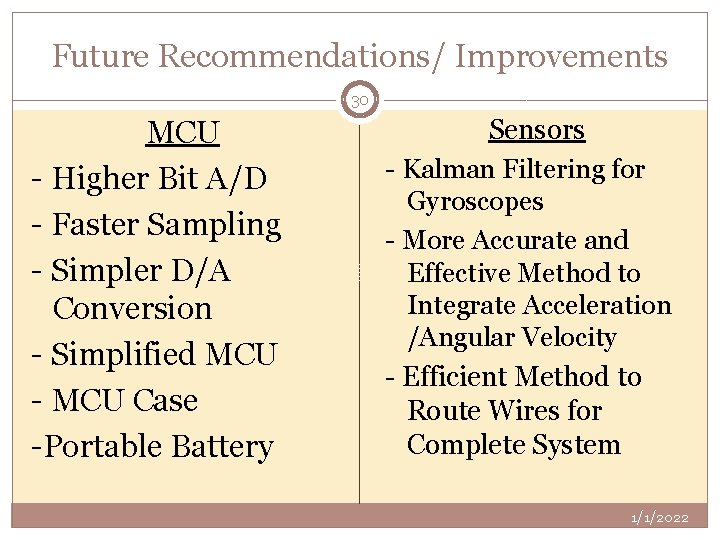Future Recommendations/ Improvements 30 MCU - Higher Bit A/D - Faster Sampling - Simpler