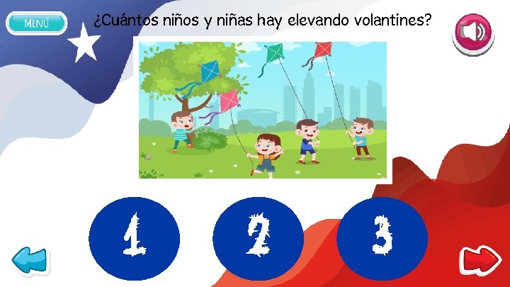 ¿Cuántos niños y niñas hay elevando volantines? 1 2 3 