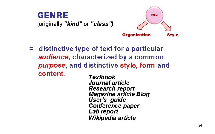GENRE (originally "kind" or "class”) = distinctive type of text for a particular audience,