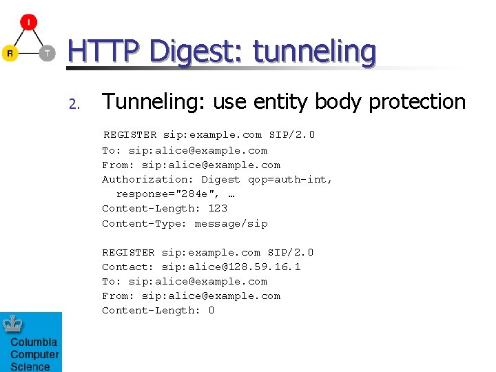 HTTP Digest: tunneling 2. Tunneling: use entity body protection REGISTER sip: example. com SIP/2.