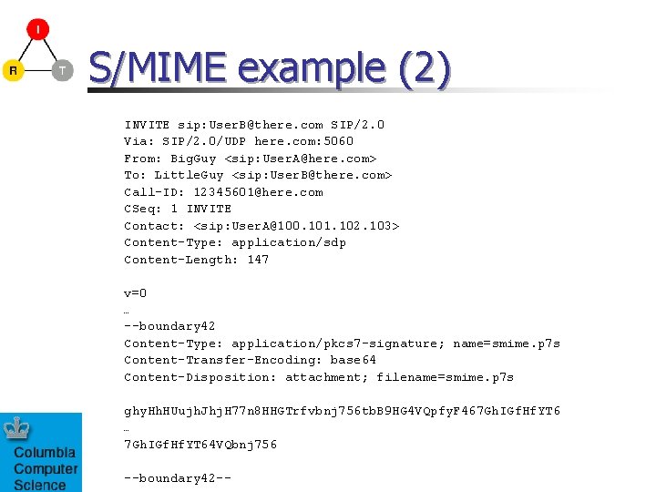 S/MIME example (2) INVITE sip: User. B@there. com SIP/2. 0 Via: SIP/2. 0/UDP here.