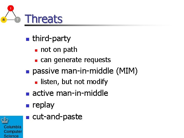 Threats n third-party n n n passive man-in-middle (MIM) n n not on path