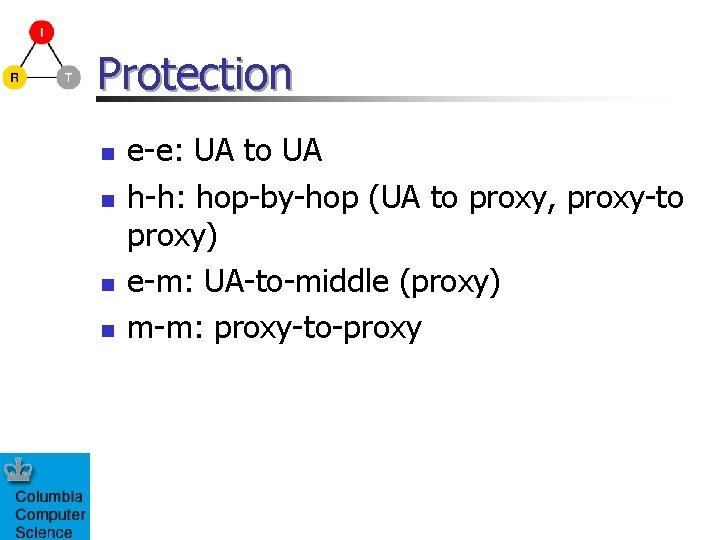 Protection n n e-e: UA to UA h-h: hop-by-hop (UA to proxy, proxy-to proxy)