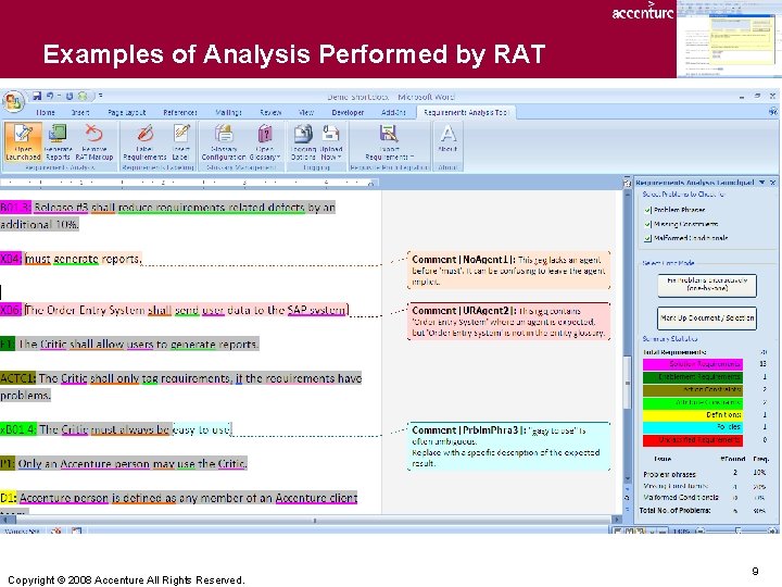 Examples of Analysis Performed by RAT Copyright © 2008 Accenture All Rights Reserved. 9