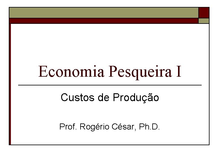 Economia Pesqueira I Custos de Produção Prof. Rogério César, Ph. D. 