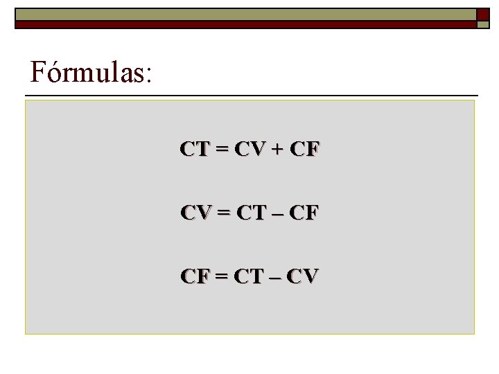 Fórmulas: CT = CV + CF CV = CT – CF CF = CT