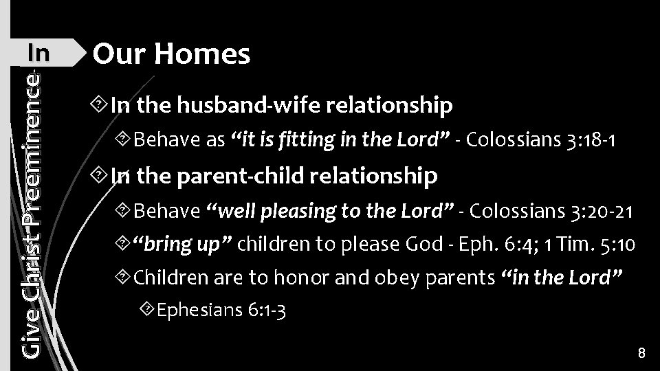 Give Christ Preeminence In Our Homes In the husband-wife relationship Behave as “it is