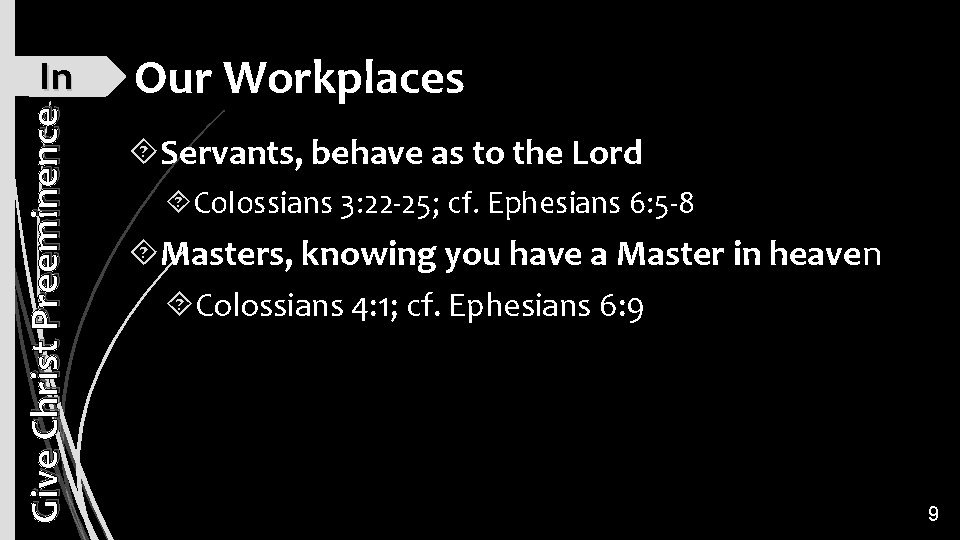 Give Christ Preeminence In Our Workplaces Servants, behave as to the Lord Colossians 3: