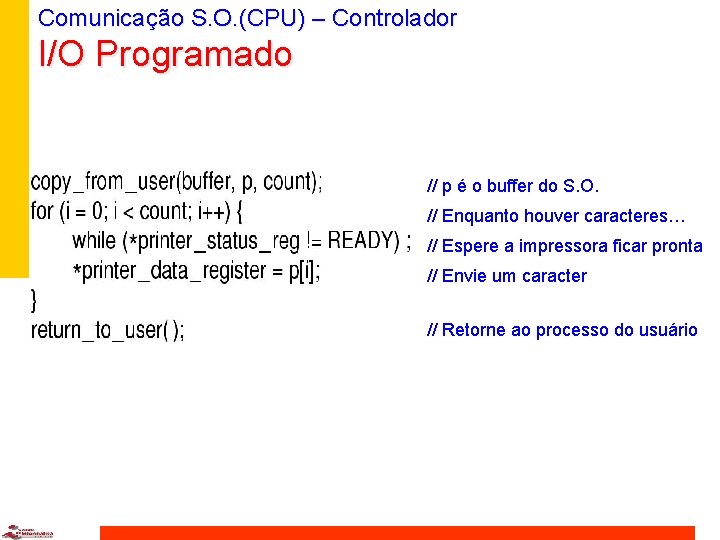 Comunicação S. O. (CPU) – Controlador I/O Programado // p é o buffer do