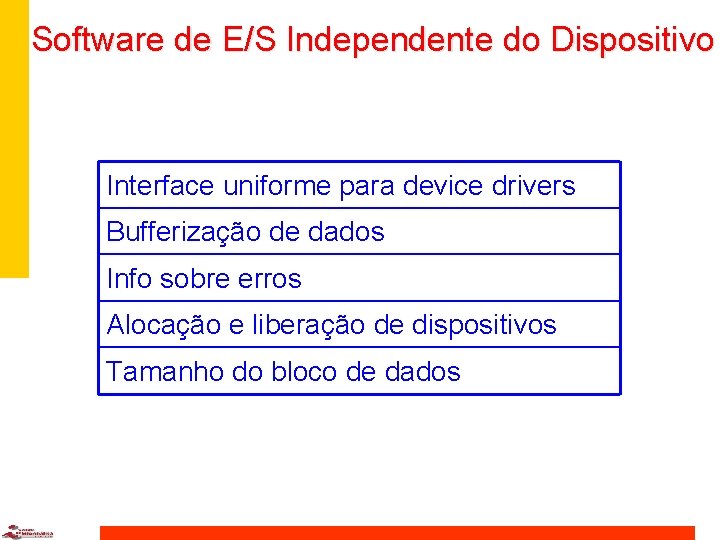 Software de E/S Independente do Dispositivo Interface uniforme para device drivers Bufferização de dados