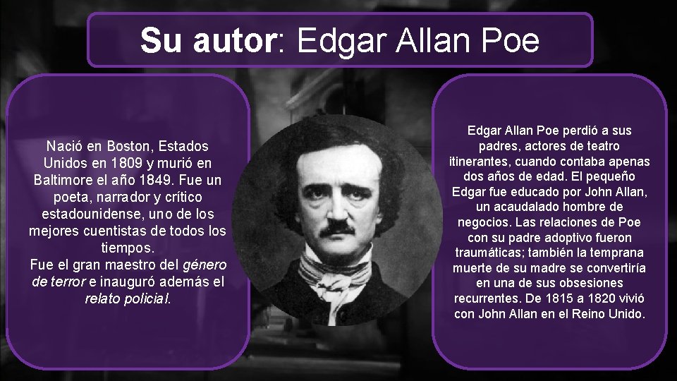 Su autor: Edgar Allan Poe Nació en Boston, Estados Unidos en 1809 y murió