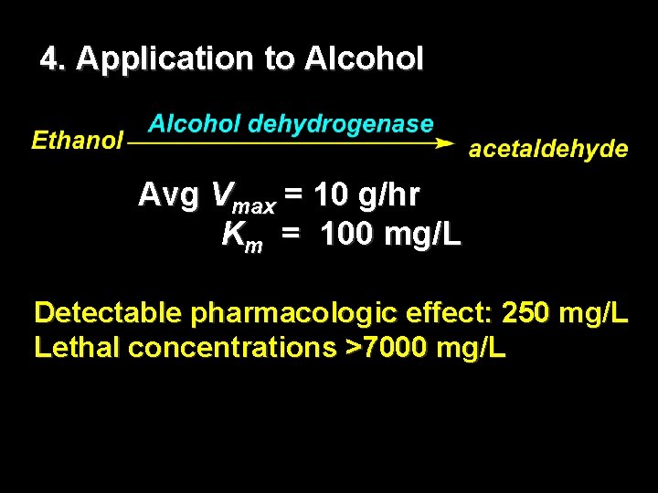 4. Application to Alcohol Avg Vmax = 10 g/hr Km = 100 mg/L Detectable